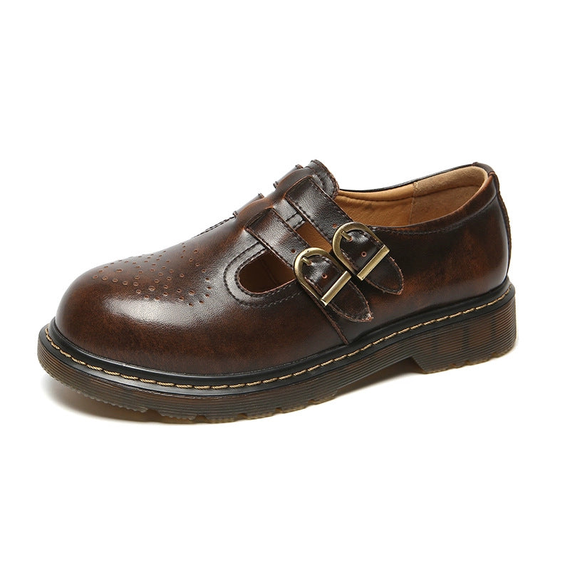 Vintage Mary Jane | Round Toe Generic Leather Platform Oxfords For Women | Brogue Flats With Double Straps