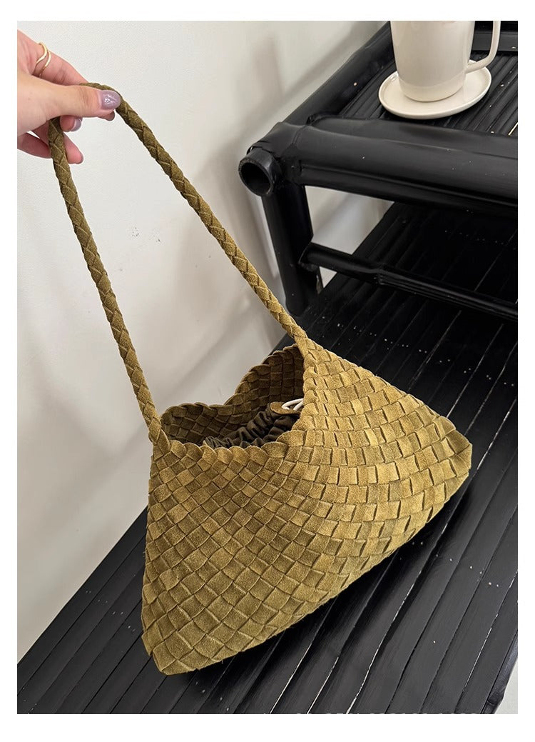 Minimalist Dustbag | Woven Handmade Generic Leather Shoulder Hobo Bag For Women | Suede Tote Purse With Strap and Intrecciato Motif