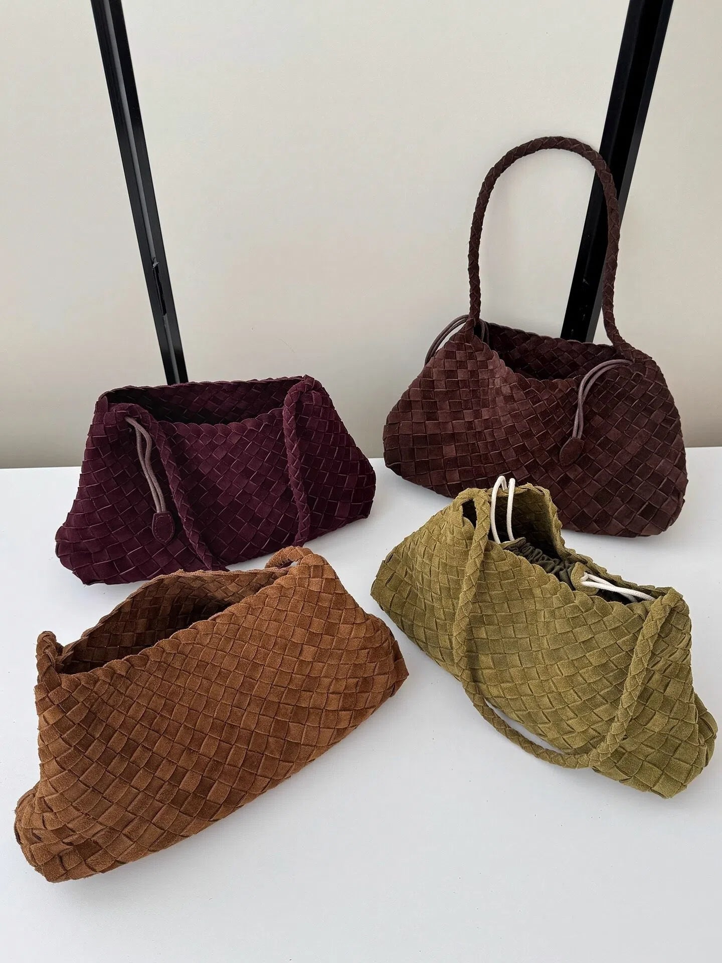 Minimalist Dustbag | Woven Handmade Generic Leather Shoulder Hobo Bag For Women | Suede Tote Purse With Strap and Intrecciato Motif