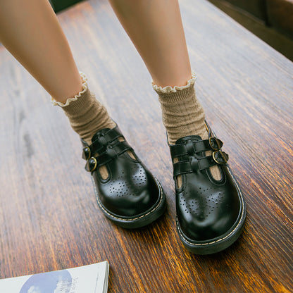 Vintage Mary Jane | Round Toe Generic Leather Platform Oxfords For Women | Brogue Flats With Double Straps