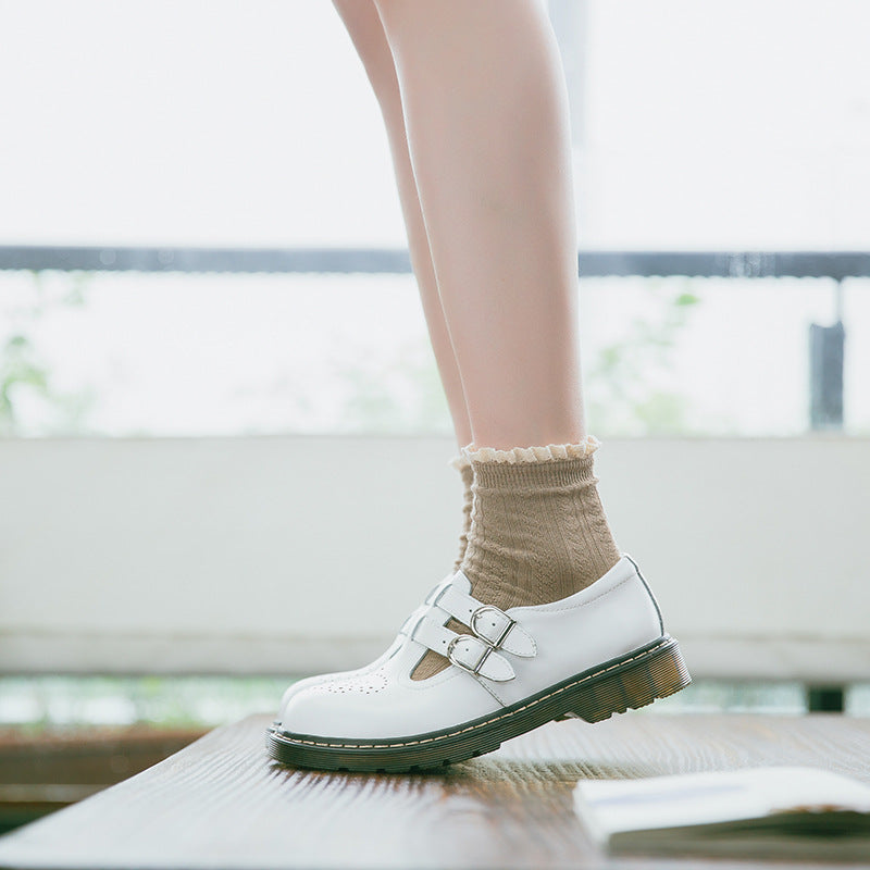 Vintage Mary Jane | Round Toe Generic Leather Platform Oxfords For Women | Brogue Flats With Double Straps