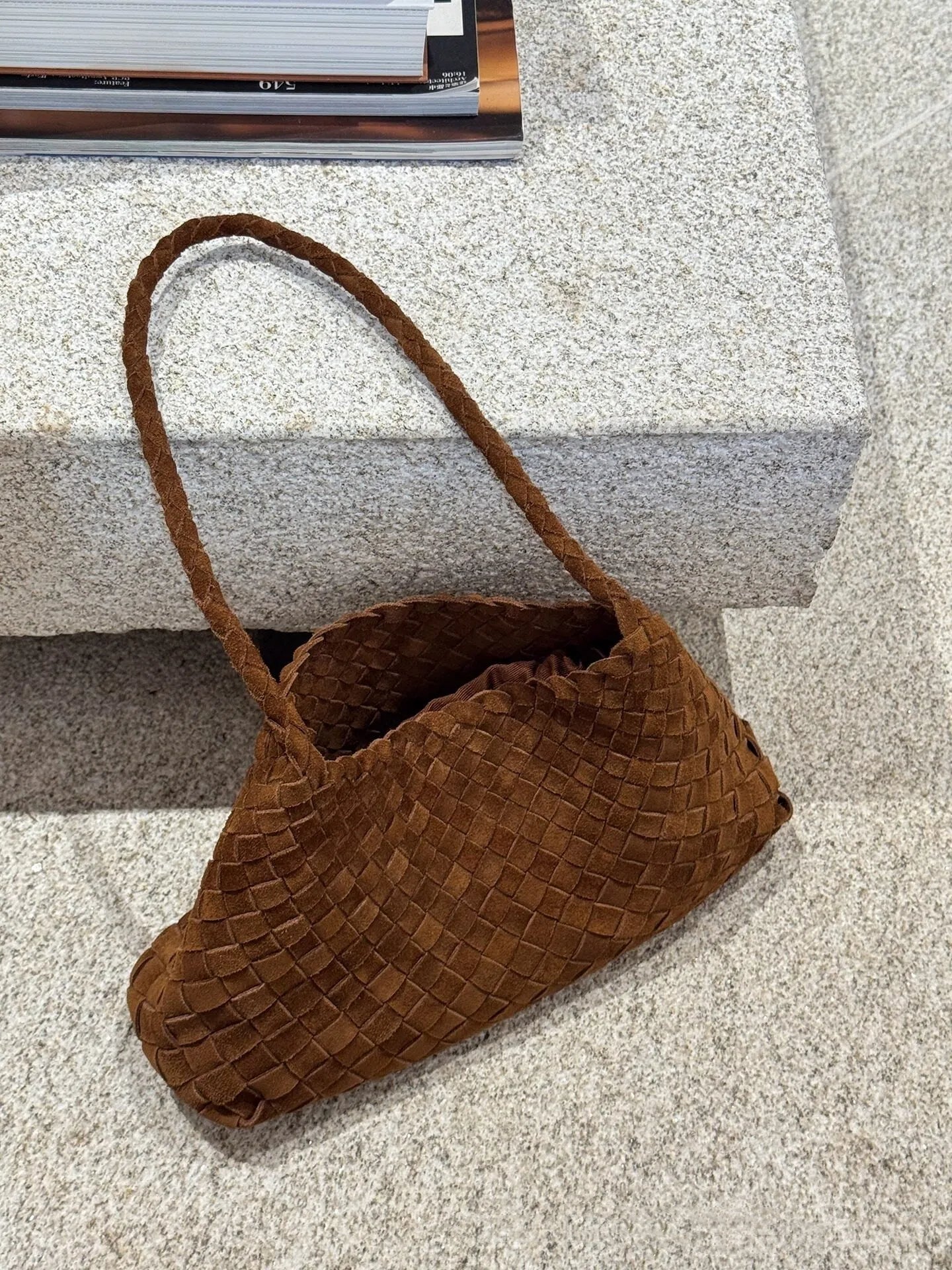 Minimalist Dustbag | Woven Handmade Generic Leather Shoulder Hobo Bag For Women | Suede Tote Purse With Strap and Intrecciato Motif
