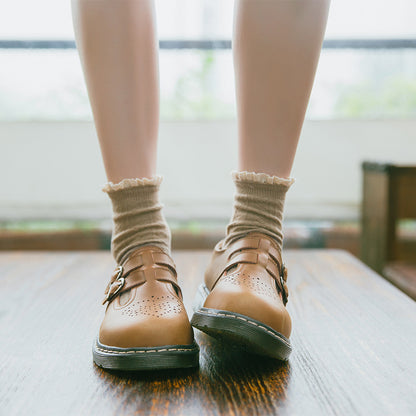 Vintage Mary Jane | Round Toe Generic Leather Platform Oxfords For Women | Brogue Flats With Double Straps