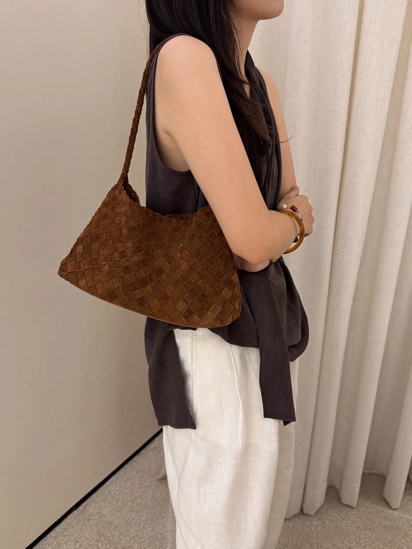 Minimalist Dustbag | Woven Handmade Generic Leather Shoulder Hobo Bag For Women | Suede Tote Purse With Strap and Intrecciato Motif