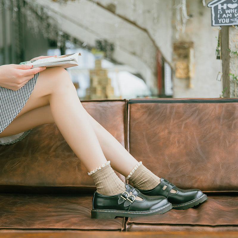Vintage Mary Jane | Round Toe Generic Leather Platform Oxfords For Women | Brogue Flats With Double Straps