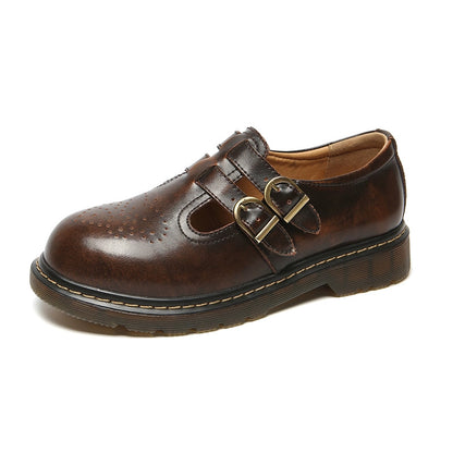 Vintage Mary Jane | Round Toe Generic Leather Platform Oxfords For Women | Brogue Flats With Double Straps