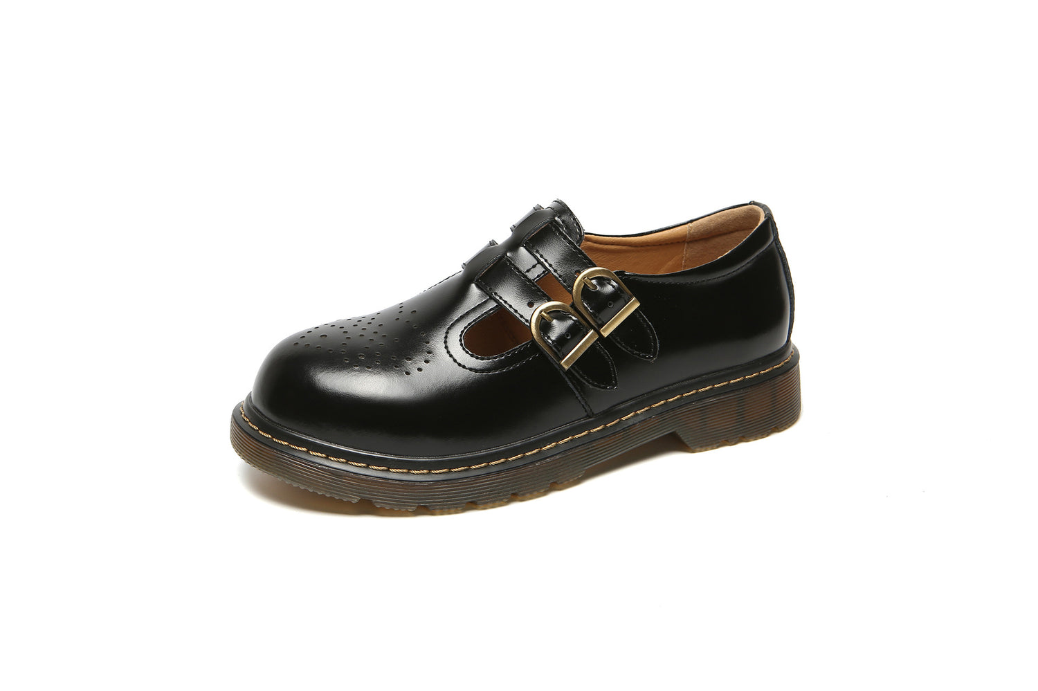 Vintage Mary Jane | Round Toe Generic Leather Platform Oxfords For Women | Brogue Flats With Double Straps